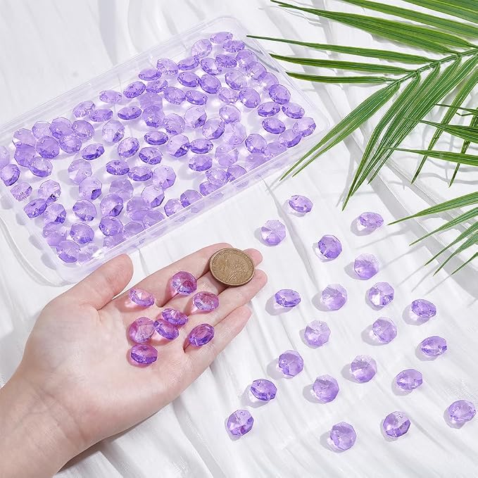 1 Box 120Pcs Glass Octagon Beads 2 Hole Crystal Prism Beads Purple 14mm Chandelier Replacement Connector Suncatcher Faceted Spacers for DIY Crafts Lamp Hanging Ornament Pendant Jewelry Adults