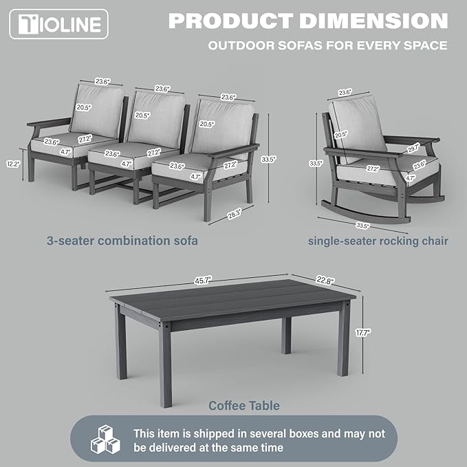 HDPE Patio Conversation Set, 6-Piece All Weather Outdoor Furniture Set with 2 Single Rocking Armchairs for Deck, Lawn, with Cushion, Gray