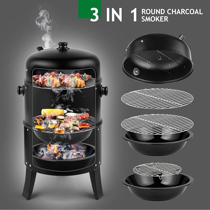 18 Inch Multi-Layer Charcoal BBQ Smoker Grill, Heavy Duty Round Grill, Vertical Smoker with Thermometer, for Outdoor Cooking, Patio, Parties, Backyard