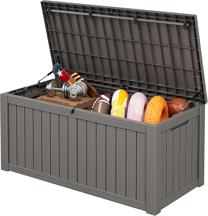 Outdoor Storage Box, 155 Gallon Resin Deck Boxes Outdoor Waterproof For Patio Furniture, Garden Tools, Pool Supplies, Lockable And UV Resistant (Striped Gray)