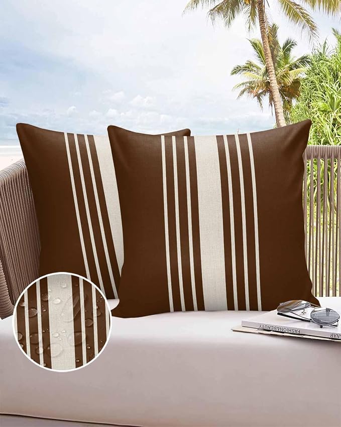 Vandarllin Outdoor Throw Pillows Covers 18x18 inch Set of 2 Waterproof Brown Vertical Stripes Decorative Zippered Cushion Covers for Patio Furniture, Classic Striped Linen Lumbar Pillowcases