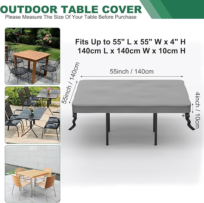 M METERXITY Square Patio Table Cover, 55"L x 55"W x 4"H Rectangular Table Cover for Outdoor Furniture, All-Weather/Waterproof/UV-Resistant, Patio Furniture Protector [Grey]