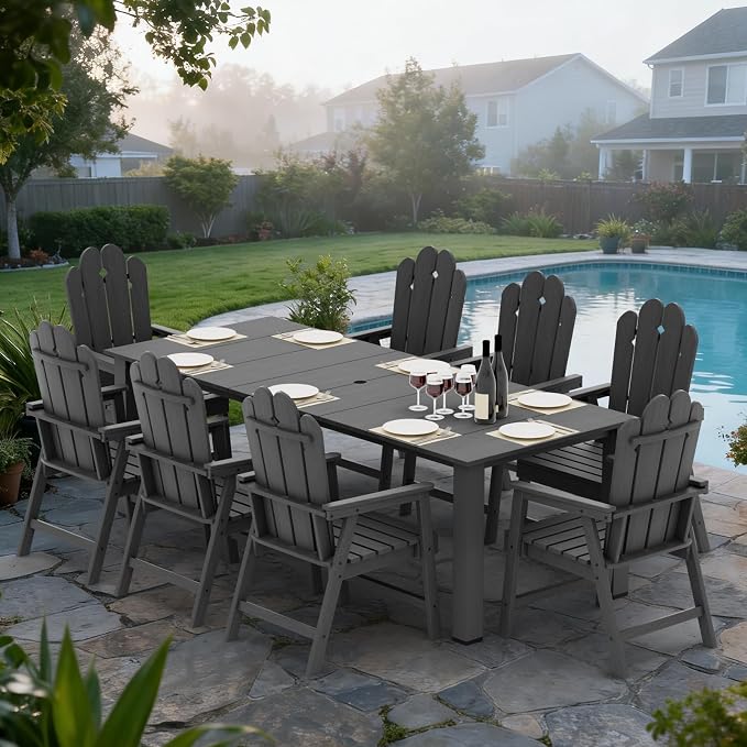 9 Piece Outdoor Table and Chairs Set for 8, Patio Dining, Gray | 89.4” table,oversize 8 seat patio dining set, durable HDPE wood-look, stable and spacious design for family gatherings