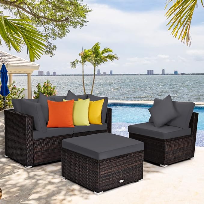 Tangkula 4 Pieces Patio Rattan Sofa Set, Outdoor Wicker Sectional Furniture Set, Patio Conversation Set with Removable Cushions & Pillows for Backyard Porch Garden Poolside Balcony (Gray)