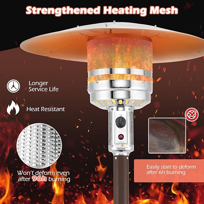 Tangkula 50,000 BTU Propane Outdoor Heater, Patio Heater with Strengthened Stainless Steel Burner, Tip-Over, Flame-Out Protection and Wheels, Outdoor Heaters for Patio (Brown)