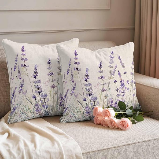 Spring Flower Outdoor Waterproof Throw Pillow Covers Set of 2, 16"x16", Vintage Purple Lavender Linen Texture Decorative Pillow Covers Outside Cushion Case for Patio Porch Garden