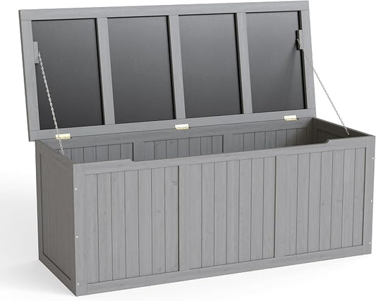 112 Gallon Outdoor Wooden Deck Box Solid Wood Storage Box Seat Table Top for Patio Furniture Cushions, Pool Toys Garden Tools