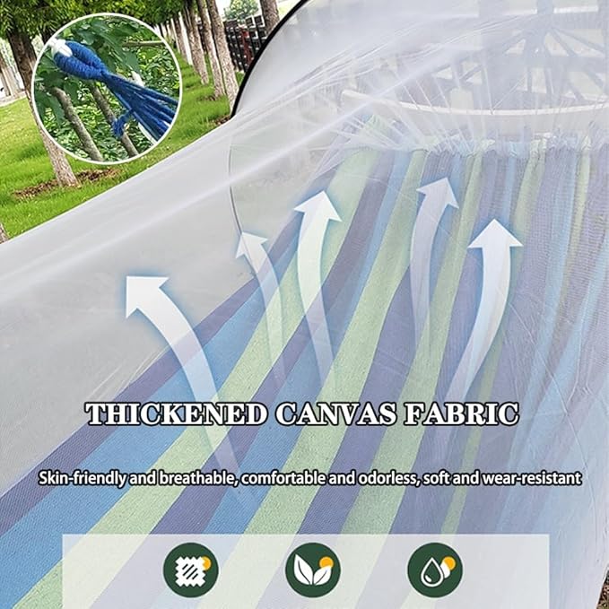 Outdoor Double Hammock with Protective Mesh, Camping Thick Canvas Hanging Bed, Storage Bag/tie Rope, Load Bearing 300kg/661.4lbs(Blue Stripes)