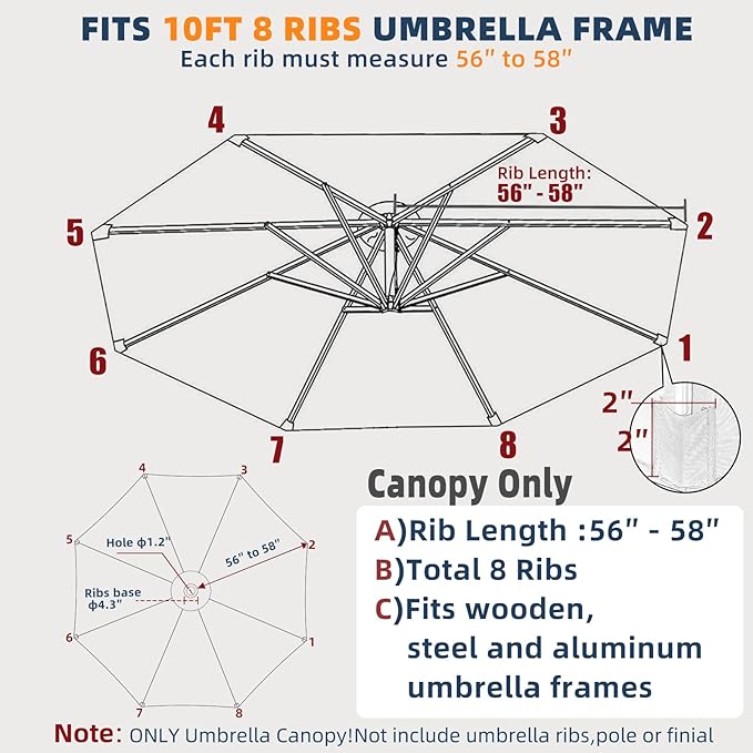 10ft Patio Umbrella Replacement Canopy for 8 ribs, Fits Hanging Offset Cantilever Market Outdoor Patio Shades，Canopy Only