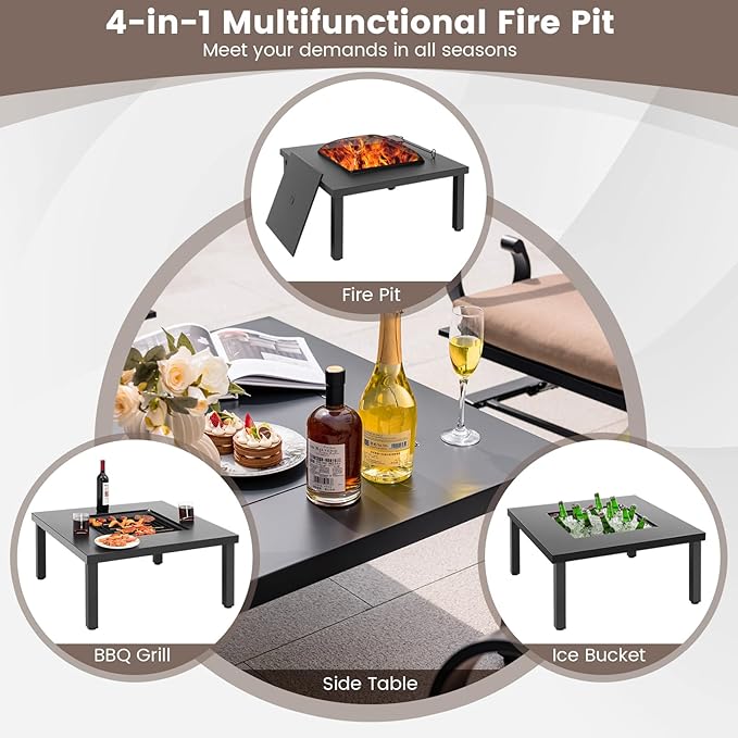 Tangkula 5 Piece Patio Dining Set, Heavy-Duty Rocking Chairs with 4-in-1 Fire Pit Table, Soft Seat & Back Cushions, Gentle Rocking Design, Outdoor Conversation Set for Backyard, Porch (Brown)