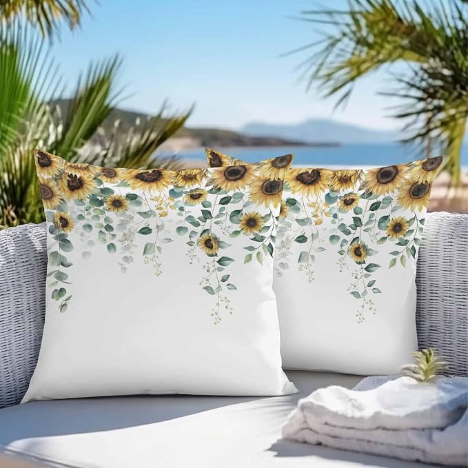 Vandarllin Outdoor Throw Pillows Covers 16x16 inch Set of 2 Waterproof Green Eucalyptus Leaves Decorative Zippered Cushion Covers for Patio Furniture, Watercolor Sunflower Lumbar Pillowcases