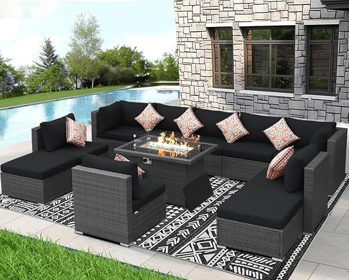 NICESOUL 11 Piece Outdoor Furniture Set w/Fireplace, Luxury Patio Sectional, Chill 29.3'' High-Back Backyard Seating Area, All-Weather Rattan Couch Set, Modular Sofa for Outside, Deck, Grey & Black