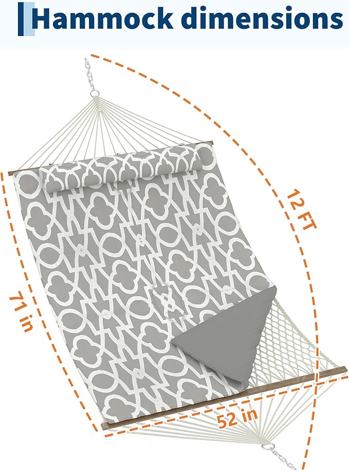 2 Person Outdoor Hammock with Stand, Cotton Rope Hammock with Polyester Pad, Adjustable Steel Frame, 2-in-1 Hammock for Patio, Backyard, Garden, Beach（Light Gray Stripes）