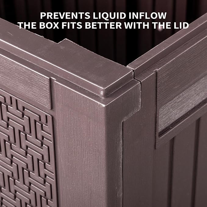 90 Gallon Large Outdoor Storage Box, Brown Maze-Pattern Resin Deck Box with Wheels & Side Handles, Lockable Waterproof UV-Resistant Patio Storage Container for Tools, Cushions, Toys, Garden Accessorie
