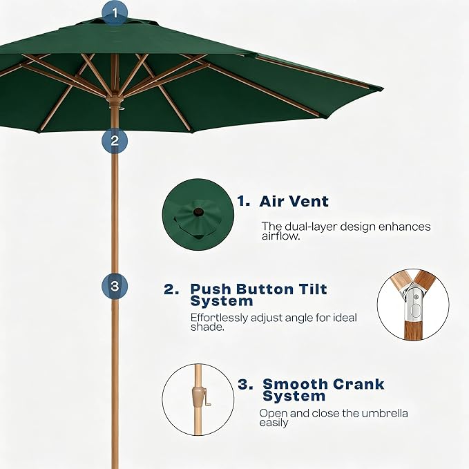 9ft Outdoor Patio Umbrella, Market Table Umbrella with Crank and Easy Push Button Tilt, Wood Grain Frame, UPF 50+ for Pool, Garden, Deck, Backyard