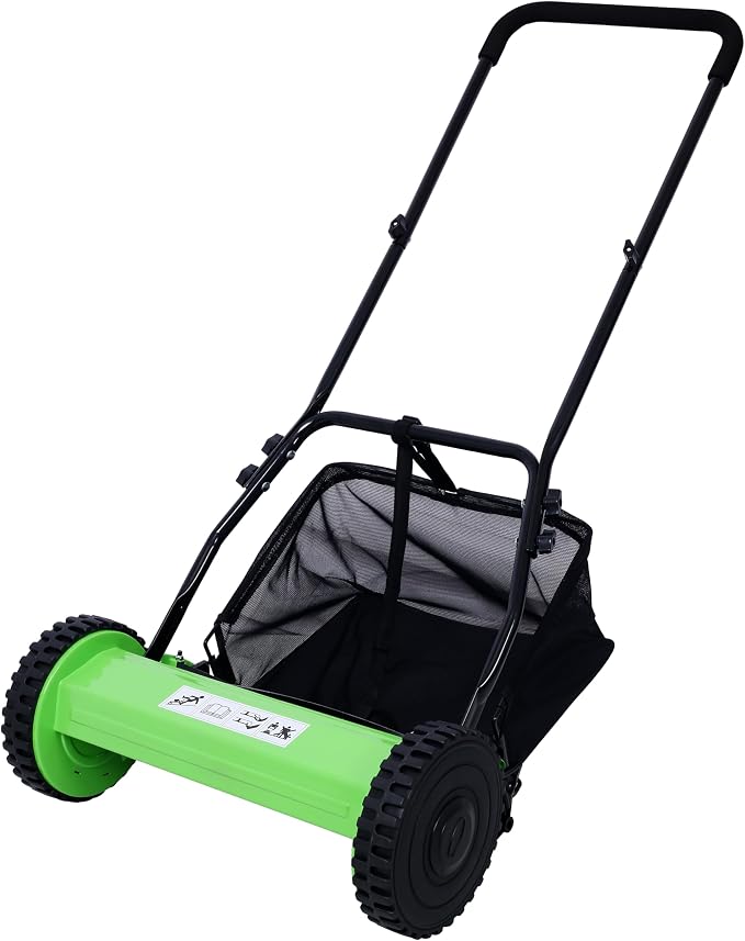 KEIKI 14-Inch Manual Lawn Mower, Push Reel Mowers w/Grass Catcher & Adjustable Cutting Height, 2-Wheels Small Lawnmower with 5 Steel Blades for Graden, Spaces Saving & Easy Assembly, Green
