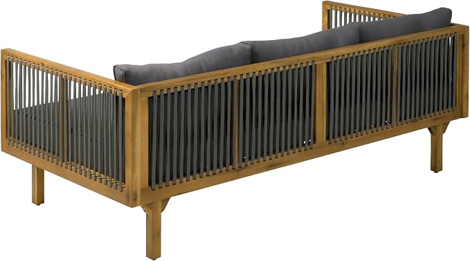 Merax Acacia Wood Outdoor Patio Loveseat Sofa w/Coushion and & Light Brown Rope, 3-Seater Sofa Daybed for Backyard, Lawn, Deck, Balcony, Water Repellent Fabric, 600 lbs Capacity,Teak + Gray