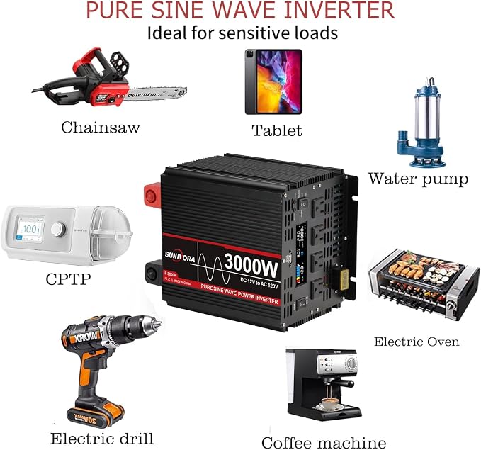 3000 Watt Pure Sine Wave Power Inverter, 12V DC to 110V/120V AC Converter 6000W Peak, with Remote Control LCD, 4 AC Outlets & USB Port & Hardwire Terminal, for Car Truck RV Camping Solar System EPS
