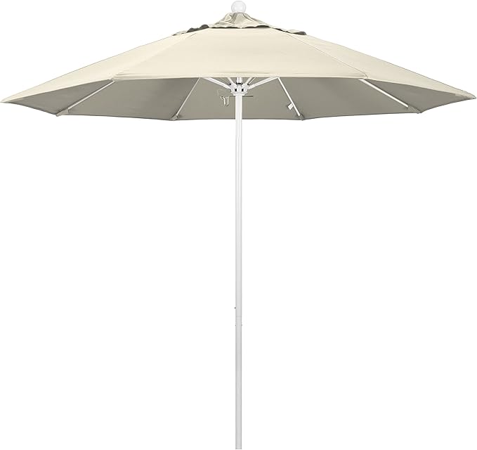 California Umbrella 9' Round Aluminum/Fiberglass Umbrella, Push Open, White Pole, Olefin Antique Beige