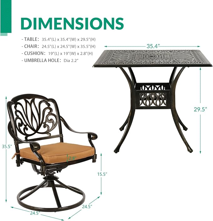 VIVIJASON 5-Piece Outdoor Patio Dining Set, All-Weather Cast Aluminum Conversation Set, Patio Furniture Set for Deck Lawn Garden, Include 4 Swivel Dining Chairs, a 35.4" Square Table w/Umbrella Hole
