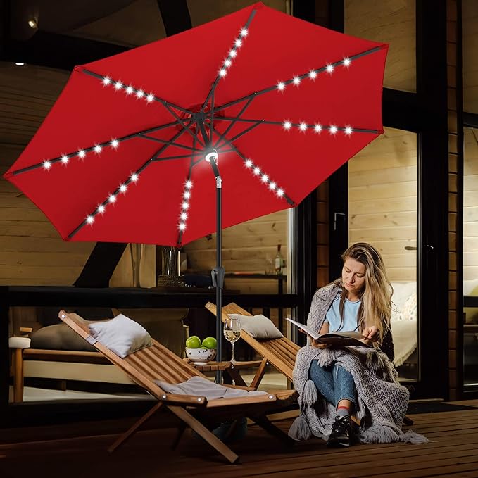 FLAME&SHADE 9 FT outdoor umbrella with 40LED lights, solar light patio umbrella with Centre Surround Light, Table Market Umbrella Outdoor Patiofor Deck, Pool, Backyard, Garden (Red)