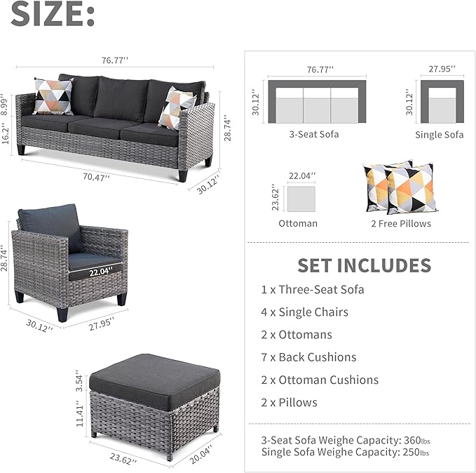HOOOWOOO 7-Piece Patio Furniture Set–Stylish,Comfortable Outdoor Rattan Sofa Set with 4 Chairs,2 Ottoamns,Weather-Resistant Patio Conversation Set for Deck,Garden,Balcony (Black)
