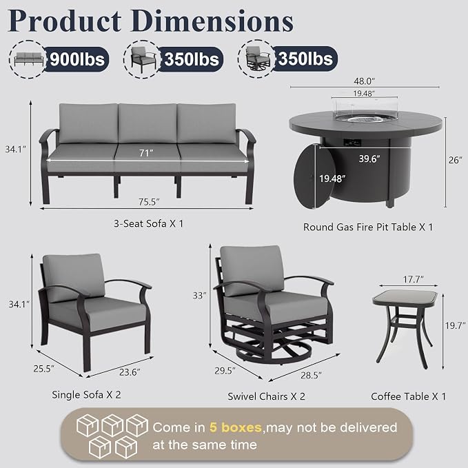 ALAULM Aluminum Patio Furniture Set with Coffee Table Rectangular, 5-seat Outdoor Sectional Furniture w/2 Swivel Chairs, Patio Conversation Set for Porch, Backyard, Poolside-Grey