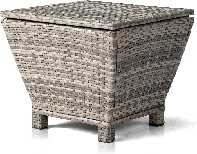 Outdoor Wicker Side Table with Storage, All-Weather Rattan Side Table, 13-Gallon Capacity, Water-Resistant Wicker Patio Table, for Outdoor Patio, Porch, Garden, Grey