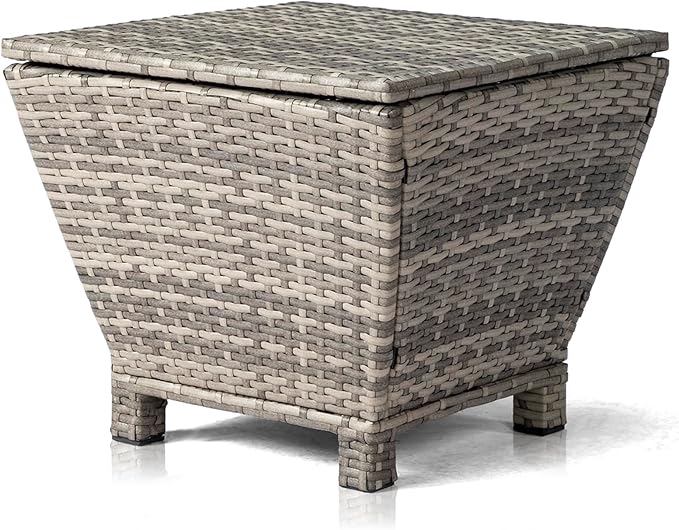 Outdoor Storage Side Table with Lid – PE Wicker Patio Table, 13-Gallon Square Bin for Hose, Cushions – All-Weather Rattan Deck Furniture (Grey)