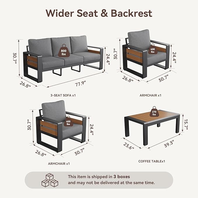 Aoxun Aluminum Patio Furniture Set, 5 Seats Luxury Metal Patio Conversation Sets with Coffee Table, 6'' Thick Cushions and 3-Seat Sofa, Modern Outdoor Furniture Set for Backyard/Poolside, Light Grey