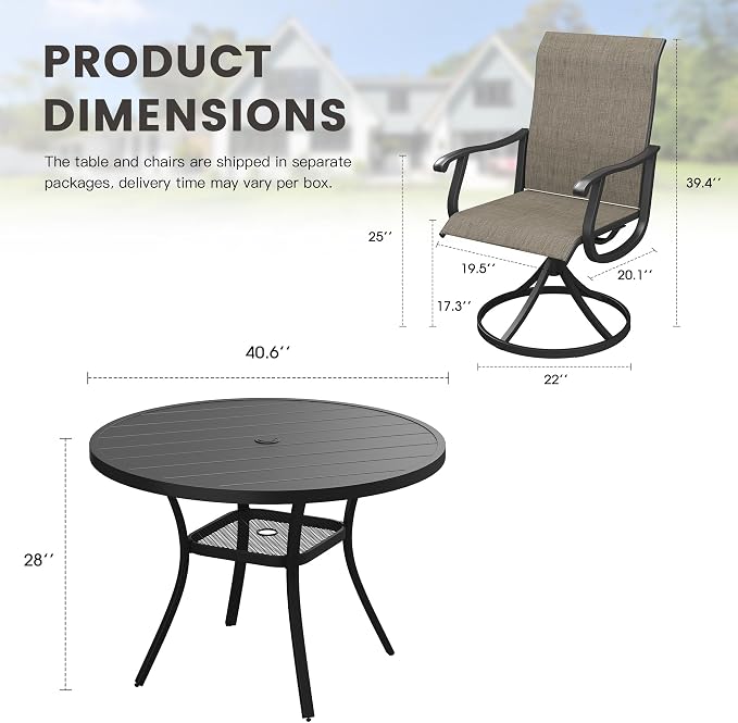 Outdoor Dining Set for 4, 40.6" Metal Round Outdoor Dining Table with Umbrella Hole and Sling Patio Swivel Chairs, 5 Pieces Patio Table and Chairs Set for Garden Backyard, Mixed Brown and Black