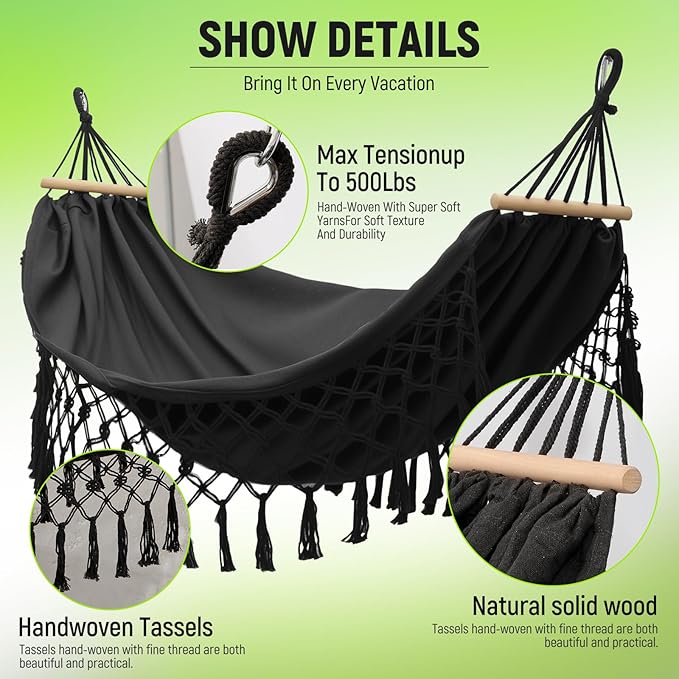 Portable Hammock,Bohemian Hammock,Rope Hammock,Suitable,Yard, Beach, Backyard,Garden (Khaki) 79 * 39