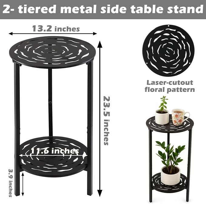 2 Packs Two-tier Metal Round Side Table Black Accent Coffee Tables Small Space Corner Plant Stand Shelf for Indoor Outdoor Use Patio Balcony End Table Laser-Cut Floral Pattern Weather-Resistant