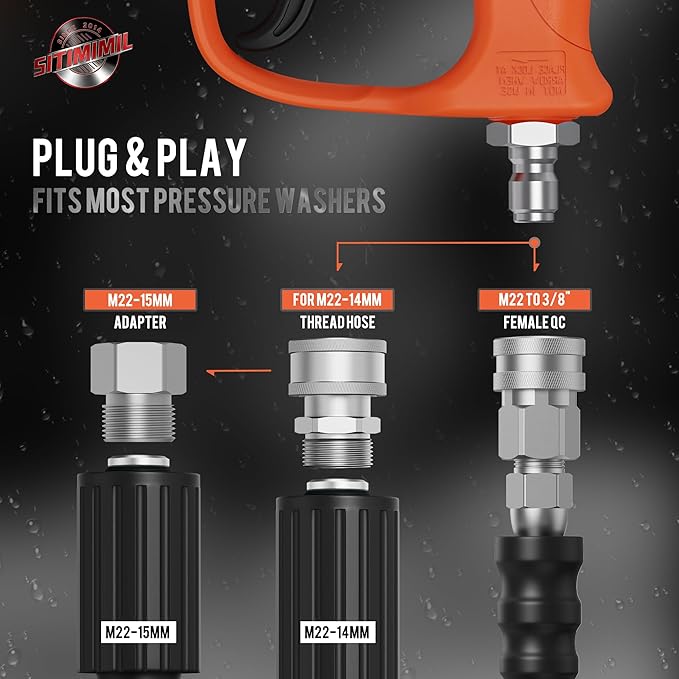 SITIMIMIL® Short Pressure Washer Gun Swivel Pro, Tangle-Free, Power Washer Gun with Self-Locking Spout Design, 3/8" QC Plug to M22-14/15mm (Brass, Stainless Steel, Orange Black)