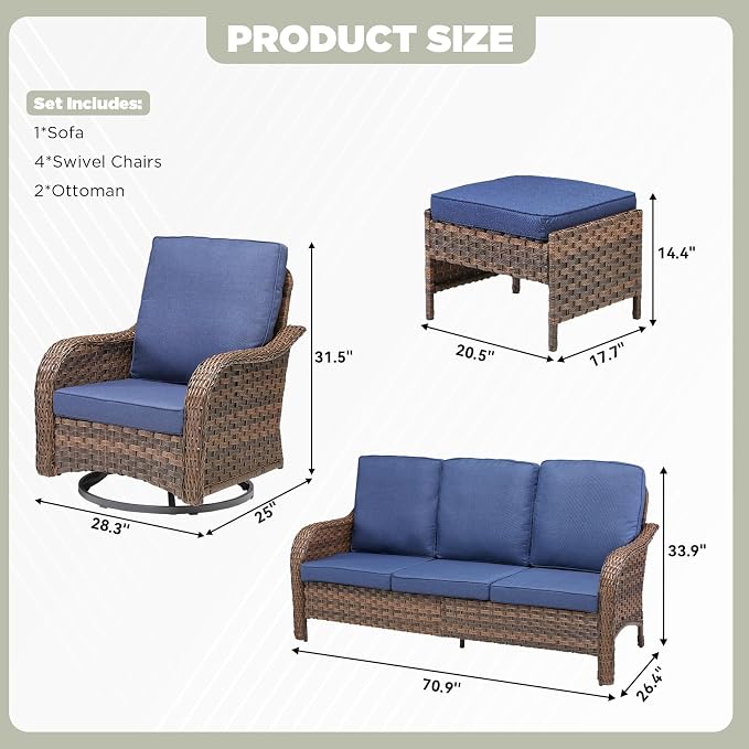 7 PCS Patio Furniture Set, Outdoor Wicker Sofa & 4 Swivel Rocking Chairs with 2 Ottomans, 4-Inch Thick Olefin Cushions, 300 lbs Capacity Rattan Conversation Set for Porch, Blue