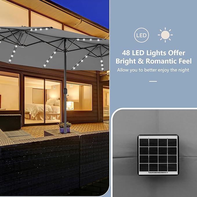 Tangkula 15 Ft Solar Patio Umbrella, Double-Sided Extra Large Outdoor Market Table Umbrella with 48 LED Lights, Crank Handle, 12 Sturdy Ribs for Poolside, Garden & Backyard (Gray)