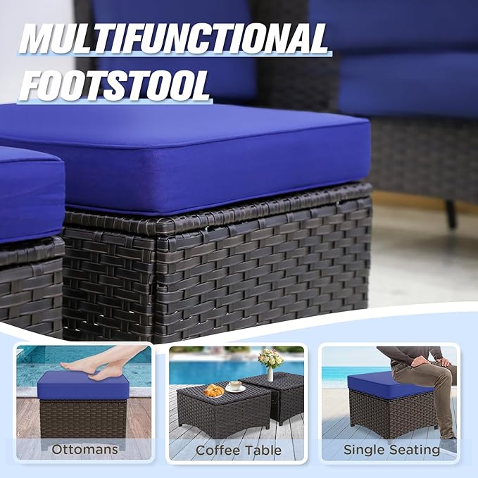 Stone Creek Outdoor Furniture Set with Swivel Rocking Chairs, Side Table & Ottomans, Wicker Patio Conversation Set, Balcony Furniture, 5 Piece, Brown/Blue