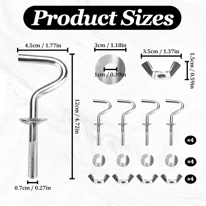 4 Pieces Hammock Hooks Heavy Duty, Fit 3/8'' (9.5 MM) Metal Hammock Replacement Hooks Mount 1-1/4'' to 2'' Long Holes Stand Bracket Accessories Wall Hardware Indoor Outdoor
