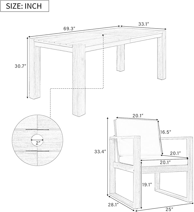 Merax Patio Table and Chairs Set, Outdoor Dining Set for 6 with Umbrella Hole, 7 Piece Outdoor Patio Furniture Set Wood Frame with Removable Cushion for Garden, Backyard, Lawn, and Poolside