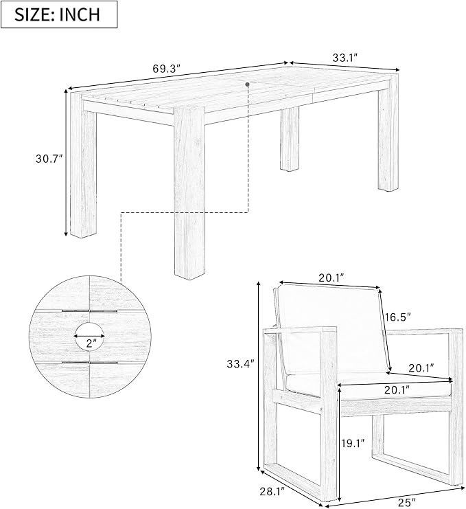 Outdoor Patio Dining Table and Chairs Set for 6, 7 PCS Patio Furniture Set | Outdoor Dining Set for 6 with Umbrella Hole, Wood Frame with Removable Cushion for Garden, Backyard, Lawn and Poolside