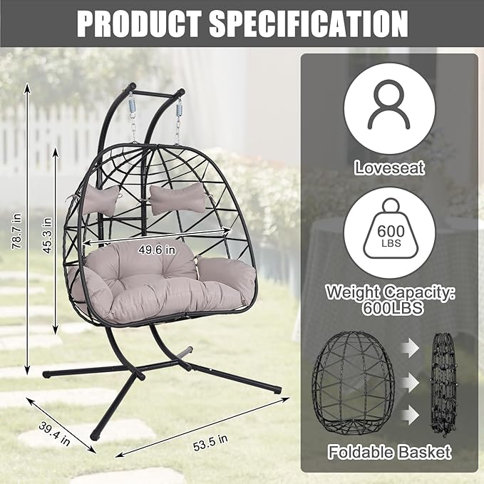 Double Egg-Shaped Hammock Chair with Stand Swing Egg Chair, Wicker Hanging Chair with Washable Cushion Sturdy Metal Stand, 600lbs Capacity for Indoor Outdoor Patio Living Room Etc(Black+Light Gray)