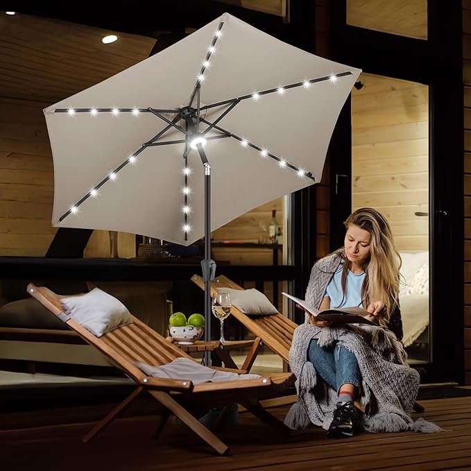 FLAME&SHADE 7.5 FT Solar Light Patio Umbrella, 24 LED Lights Outdoor Umbrella with Centre Surround Light, Table Umbrella Outdoor Patio for Deck, Pool, Backyard, Garden, UV Protection (Taupe)