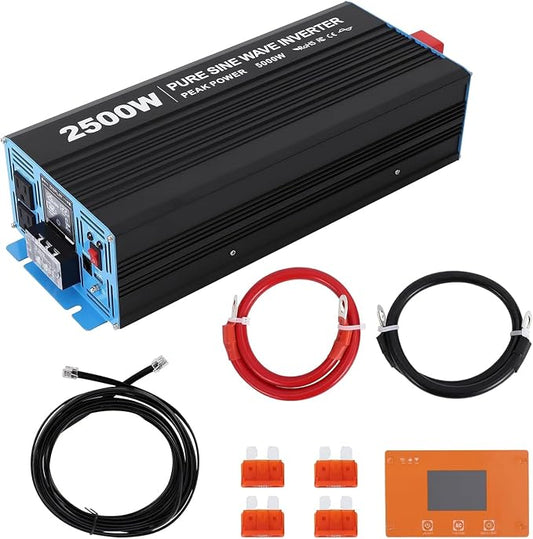 Power Inverter 2500 Watt Pure Sine Wave 12V DC to 110V/120V AC 5000W Peak Converter for Family RV Off Grid Solar System with 4 AC Outlets LCD Display Remote Control and 3.4A USB Charging Port