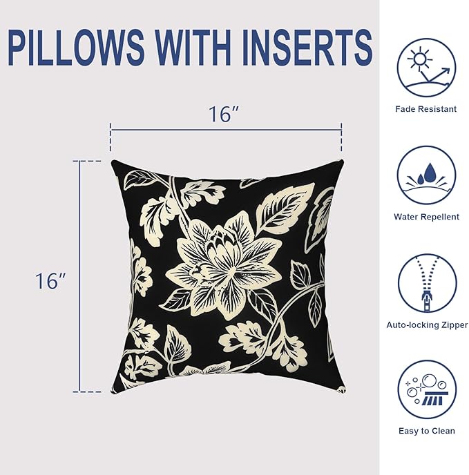 Outdoor 16x16 Inch Throw Pillows, Water Repellent Patio Pillows with Inners Set of 2 for Patio Furniture Home Graden, Elegant Vines Black