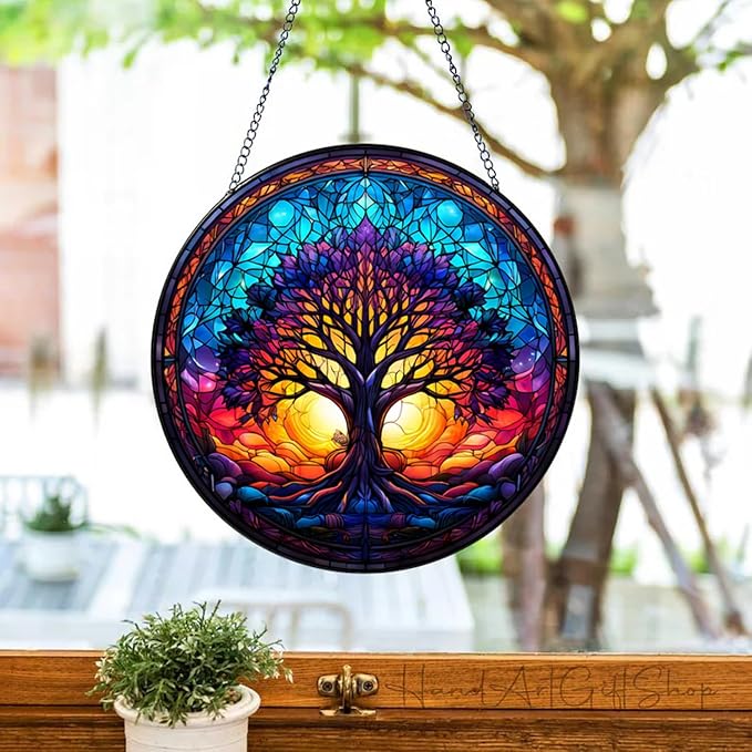 Tree of Life Suncatcher Stained Glass Window Hanging | 7.9 in, Catcher, Garden Decor