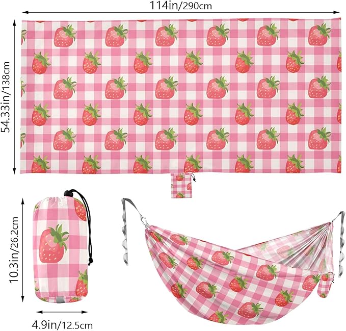 Camping Hammock Outdoor Hammocks for Outside Strawberry Pink Checkered Beach Trees Portable Lightweight with Pockets Tree Straps Indoor