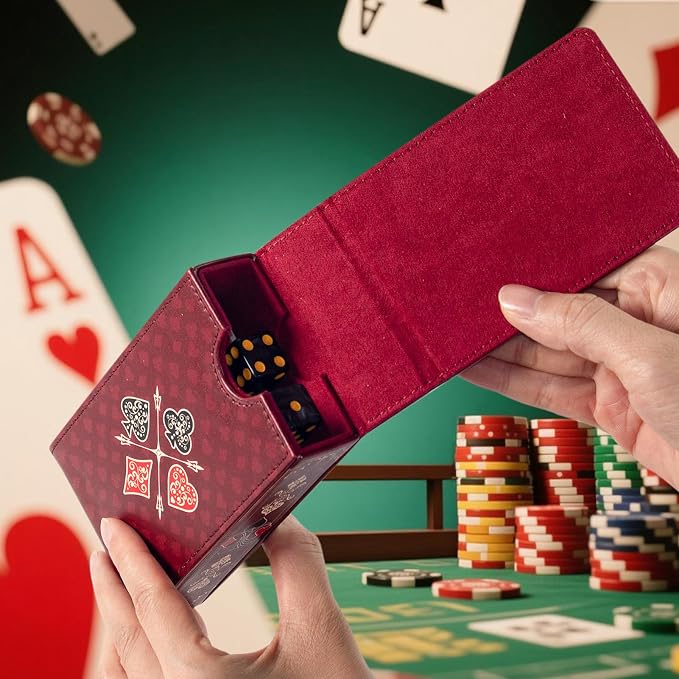 Leather Playing Card Box/Case, 4.7''x3''x1.3'' Deck of Cards Holder - Fits Bridge Cards, Playing Card Storage Box for Outdoor Travel Gaming (Red)