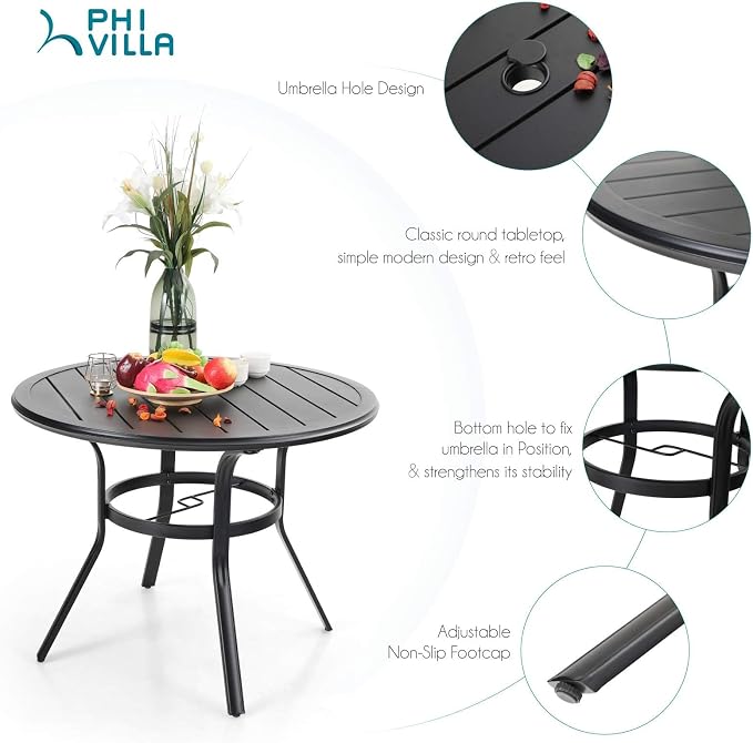 PHI VILLA 5 Piece Round Patio Dining Set, Round Metal Table with Umbrella Holes and 4 High Back Fixed Chairs All Weather Outdoor Table and Chairs Set for Deck Garden Yard