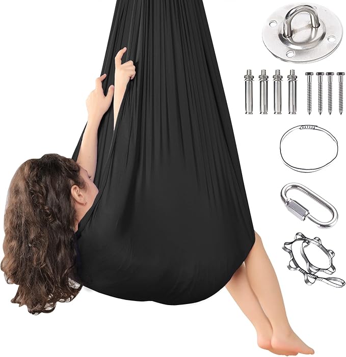 Kids Sensory Therapy Swing Hammock Children's Swing Hammock Indoor Elastic Cuddle Pod Swing for Autism Boys Girls with ADHD SPD Asperger's Sensory Integration Special Needs (Black)