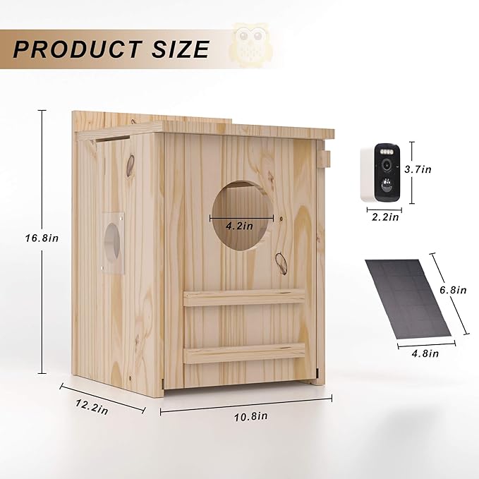 Solar-Powered Smart Owl House with Camera - Outdoor Hanging Wooden Nesting Box, Real-Time View & Motion Detection, for Garden for 2.4g WiFi Coverage Area, for Owl Lovers